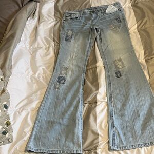Material Girl Light Blue Distressed Flare Jeans